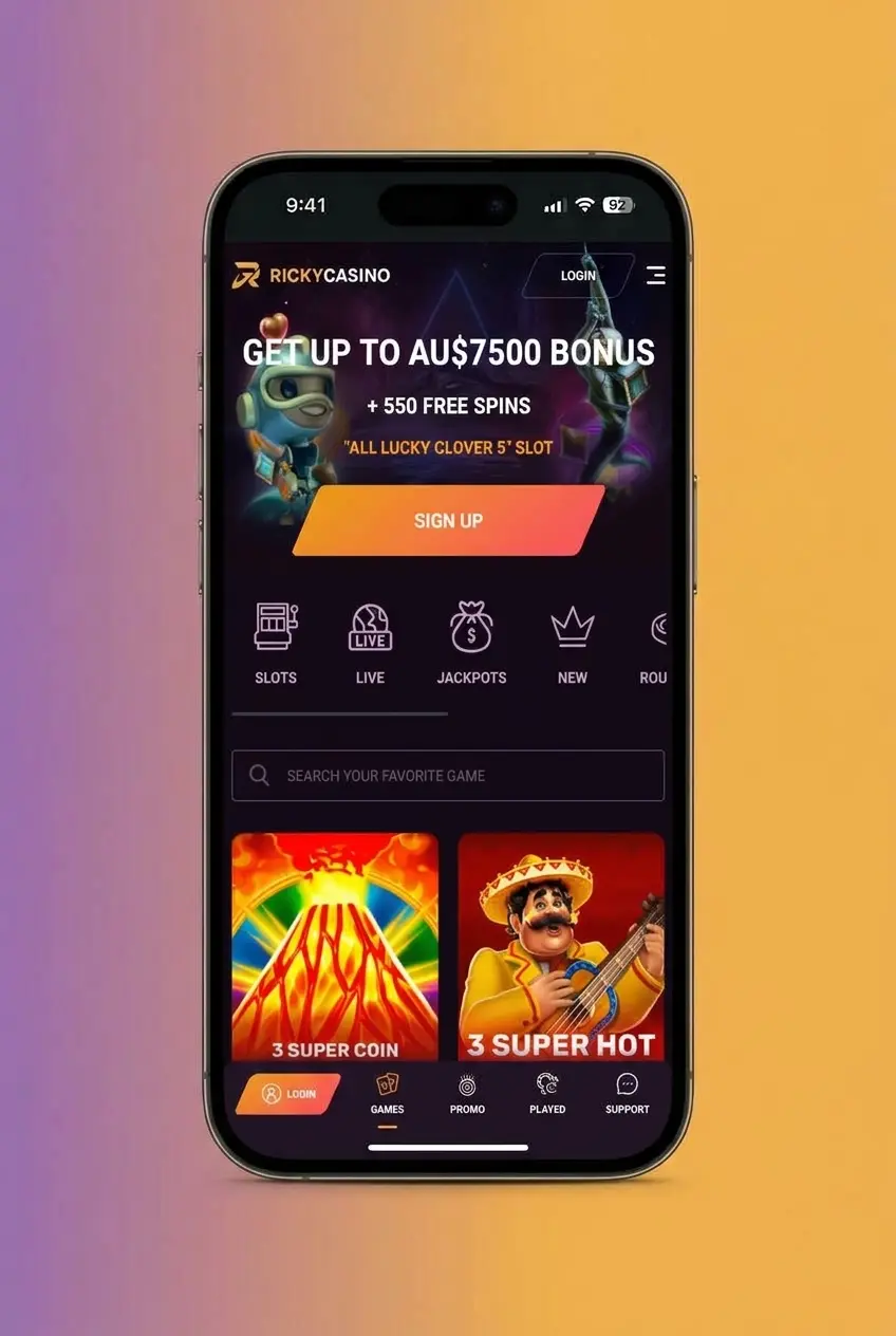 Ricky Casino app login screen on a mobile phone